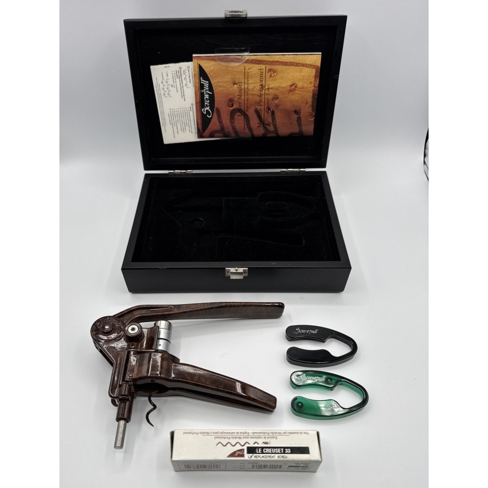 Vintage Screwpull LM-200 Lever Wine Opener Set Faux Burl Wood Le Creuset